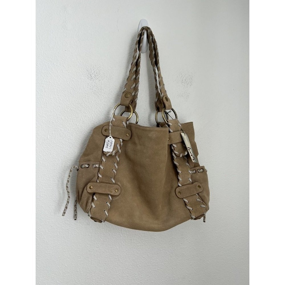 LUSH Boutique Brand Tan  Suede Slouch Hobo Bag Boho Braided Trim Large New
